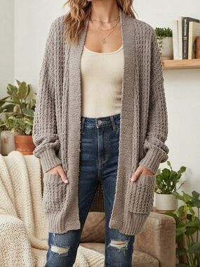 Express Long Chunky Beige Relaxed Oversized Knit Open-Front Cardigan Size S/P